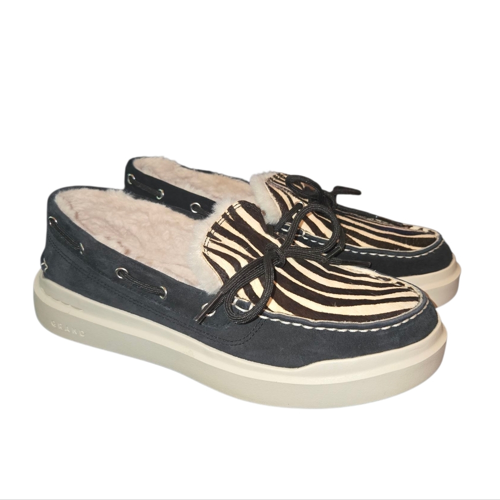 Cole Haan GrandPro Rally Black Suede & Zebra Hair-On Leather Moccasins Size 7B